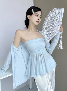 甜辣妹蓝色长袖开衫外套女秋季穿搭套装带胸垫抹胸背心上衣两件套