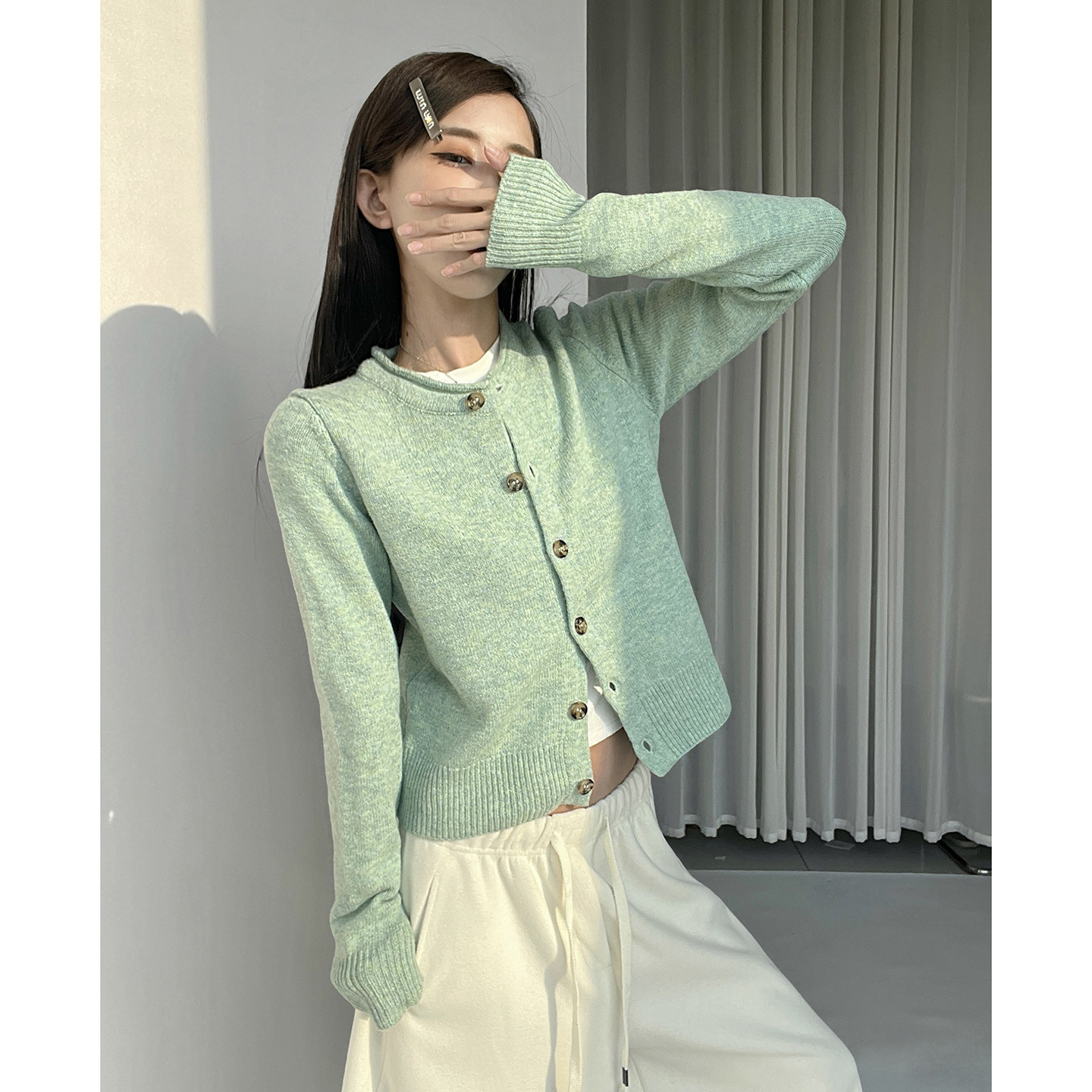 MianCun绿色毛衣开衫外套女新款复古软糯慵懒卷边短款针织衫上衣,女装/女士精品,毛针织衫,淘宝优惠券,粉丝福利购,淘宝优惠卷