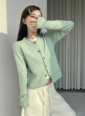MianCun绿色毛衣开衫外套女新款复古软糯慵懒卷边短款针织衫上衣