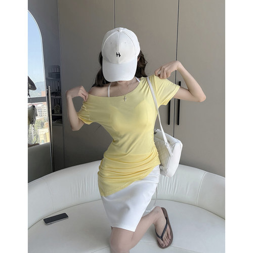 MianCun天丝羊毛抽褶斜肩船领收腰显瘦短袖T恤女休闲复古松弛上衣