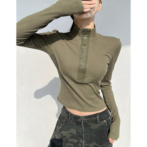 MianCun翻领深V性感排扣设计女上衣收腰修身高级拼接长袖T恤打底