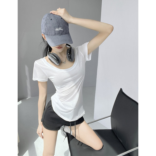 基础款休闲大U领宽松T恤女夏薄款正肩短袖白色设计感小众显瘦上衣 - 封面
