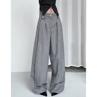 女松弛风小众设计宽松休闲裤 MianCun垂感条纹肌理感阔腿西装 裤