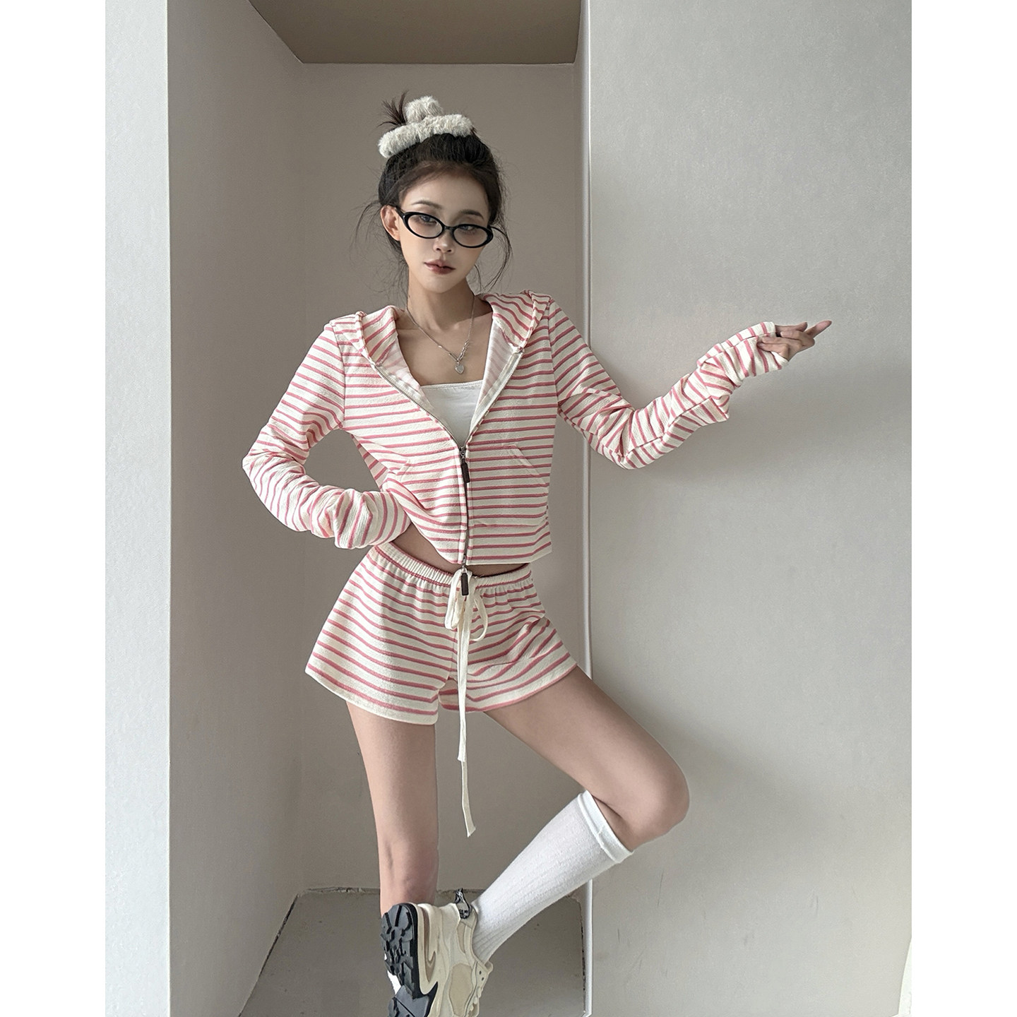 MianCun韩系慵懒松弛感条纹开衫短裤套装女秋季休闲风针织套装