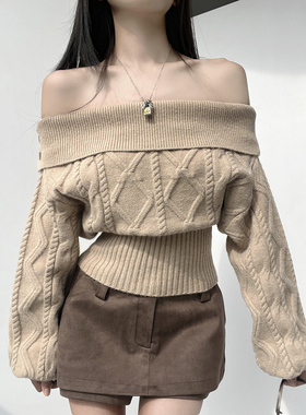 MianCun设计感修身一字肩毛衣女冬季新款收腰显瘦绞花针织上衣