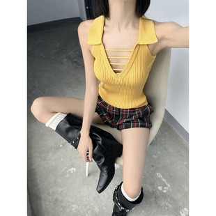 MianCun纯欲Polo领镂空无袖 深V领辣妹上衣 挖肩针织吊带背心女夏季