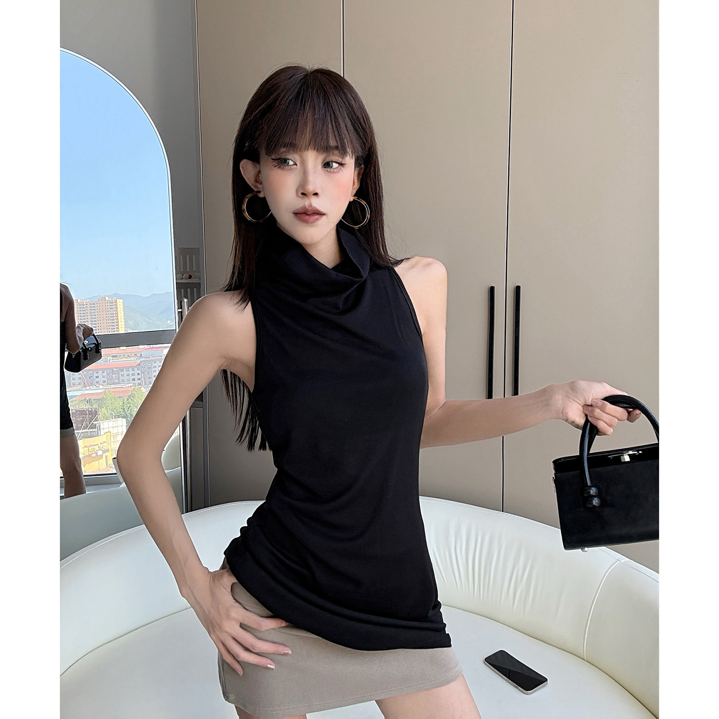 MianCun奥地利兰精天丝后背扭结堆堆领半高领背心女露背无袖上衣