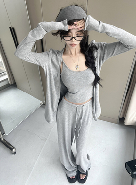 韩版慵懒灰色吊带睡衣女春季纯欲修身背心开衫长裤可外穿三件套