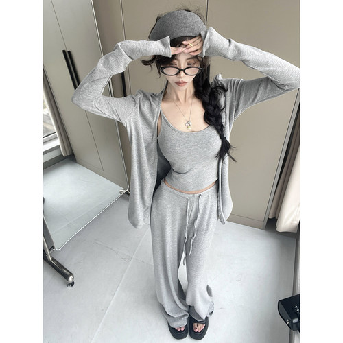 韩版慵懒灰色吊带睡衣女春季纯欲修身背心开衫长裤可外穿三件套