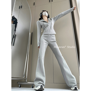 MianCun连帽修身短款卫衣女气质两件套高腰显瘦休闲裤运动套装