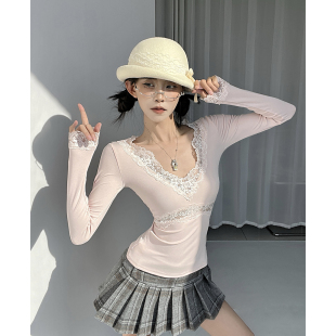 MianCun细闪银丝针织T恤女深V领拼接柔美蕾丝镂空短款 上衣 修身