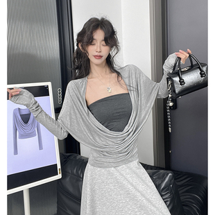 MianCun“错落诗篇”气质慵懒感荡领上衣秋女撞色假两件长袖T恤