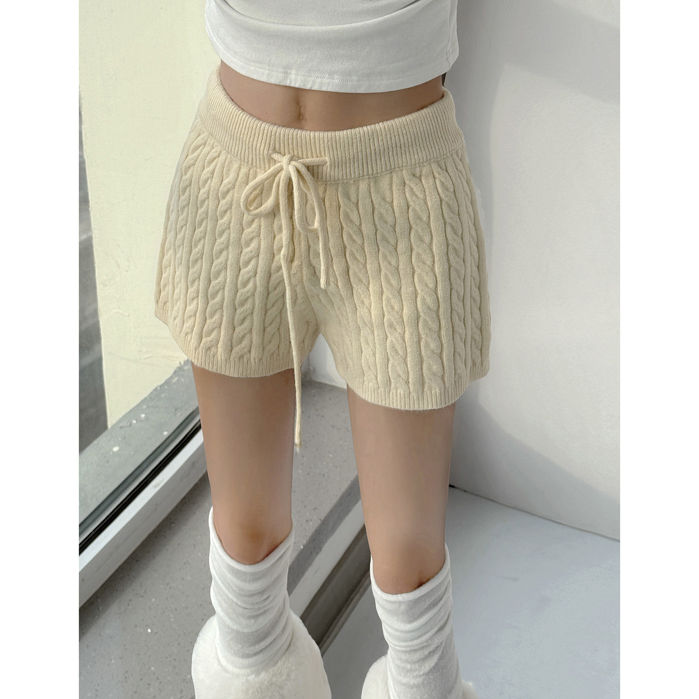 巨好看的抽绳短裤加厚麻花针织毛线裤女秋冬外穿打底小个子休闲裤