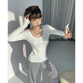 V领T恤小个子打底衫 MianCun韩女滤镜纯欲修身 单口袋长袖 百搭上衣