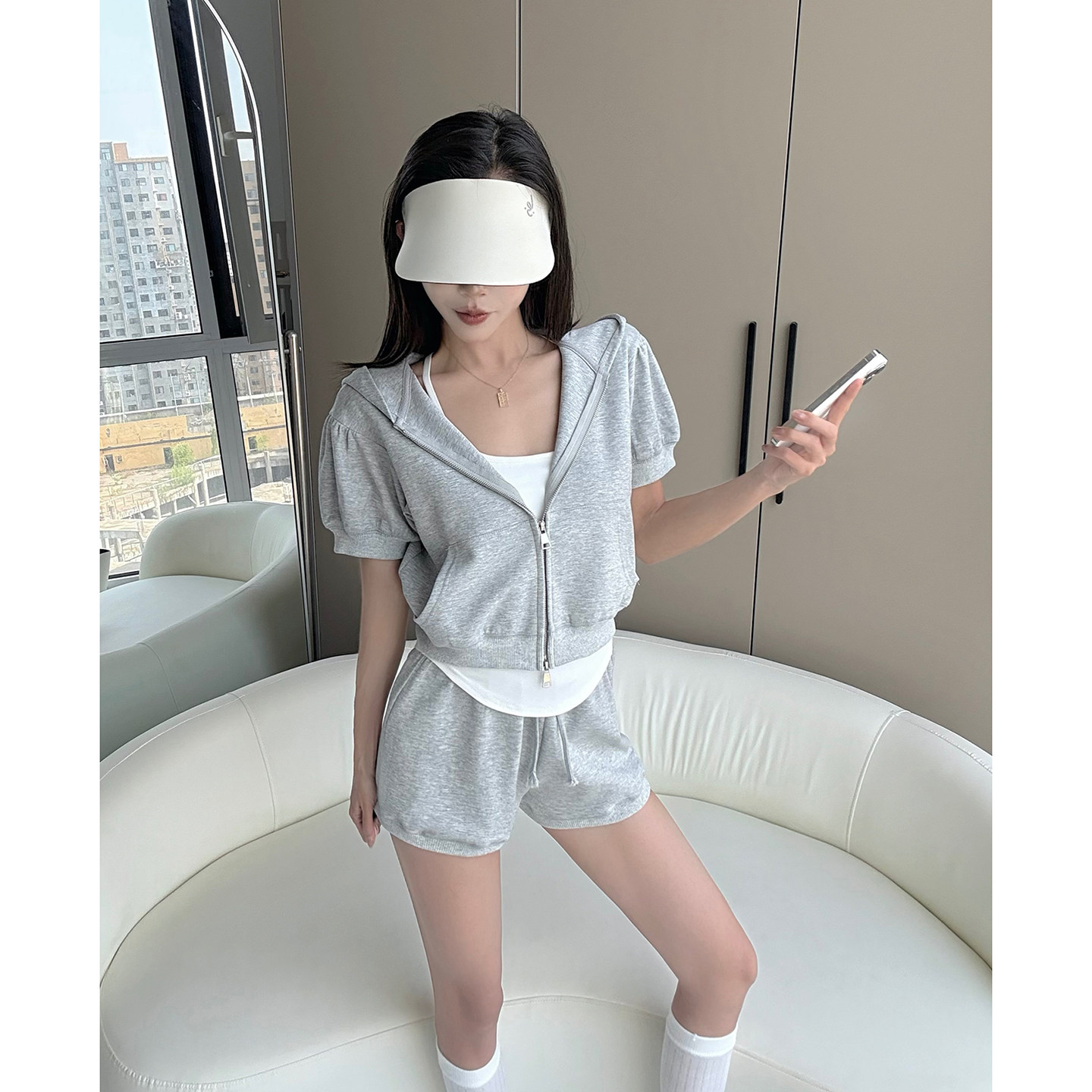 绵云系列夏季休闲运动连帽短袖拉链卫衣套装女夏季抽绳短裤两件套