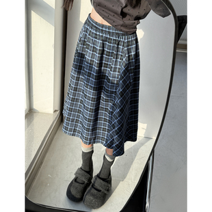 高腰显瘦复古休闲a字裙 新款 学院风格 子拼接松紧腰半身裙女春季