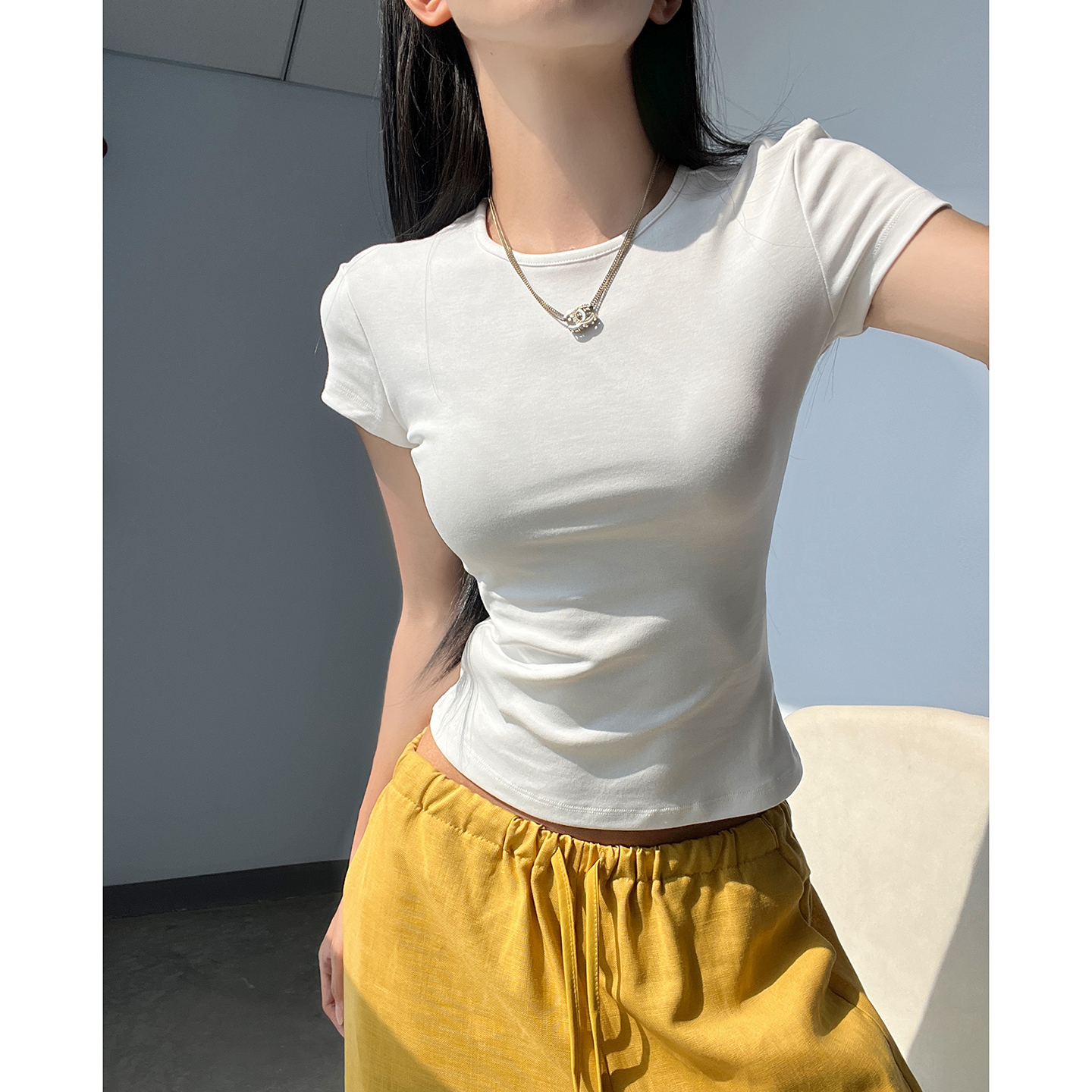 MianCun白色修身短袖t恤女基础款小圆领紧身百搭气质短款气质上衣