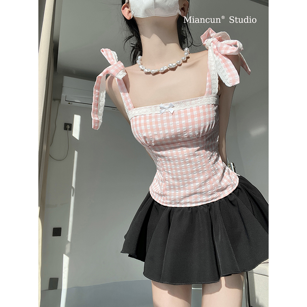 甜辣格纹拼接蕾丝吊带背心女