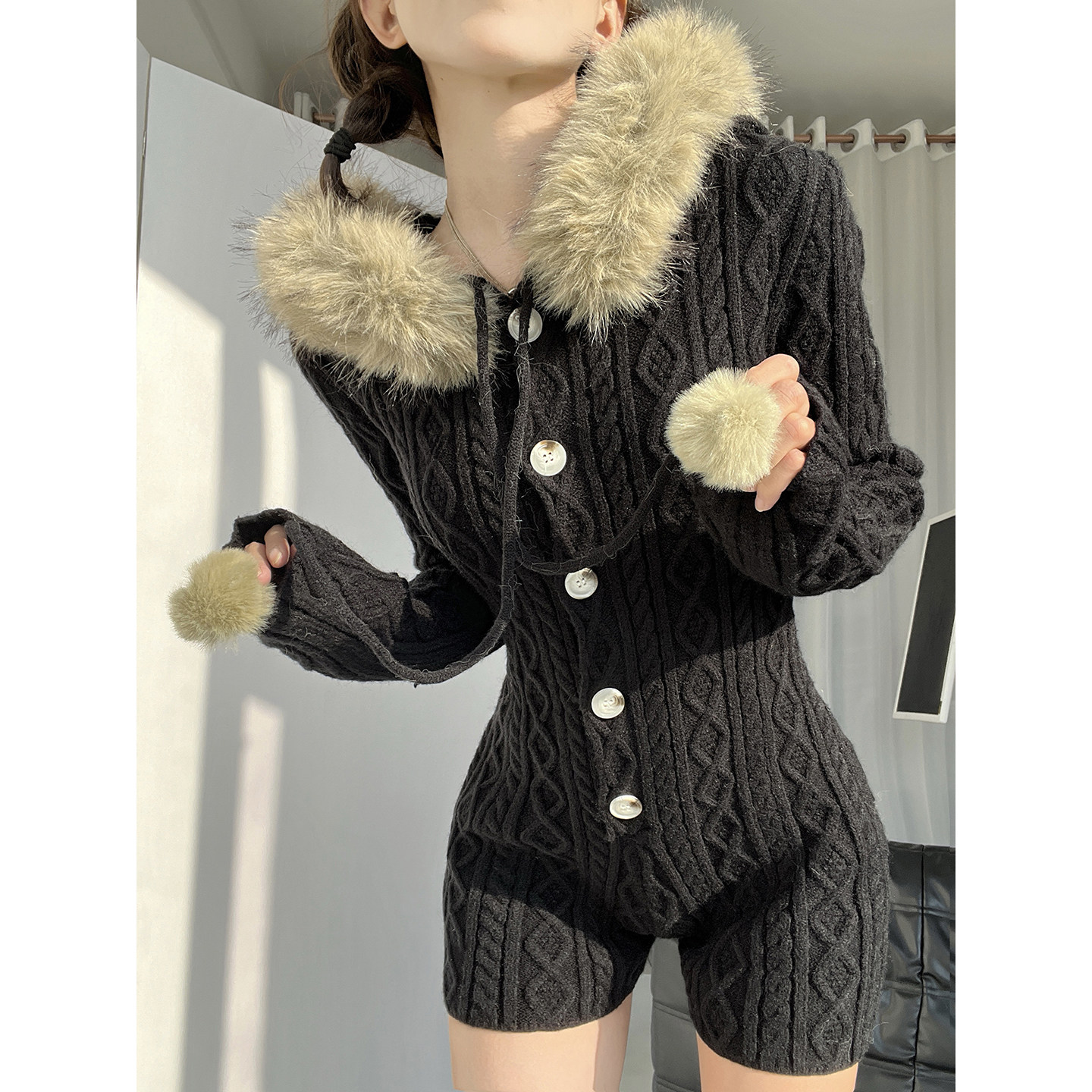 MianCun毛领针织连帽长袖连体裤女连体衣气质修身打底裤短裤子,女装/女士精品,连体衣/裤,淘宝优惠券,粉丝福利购,淘宝优惠卷