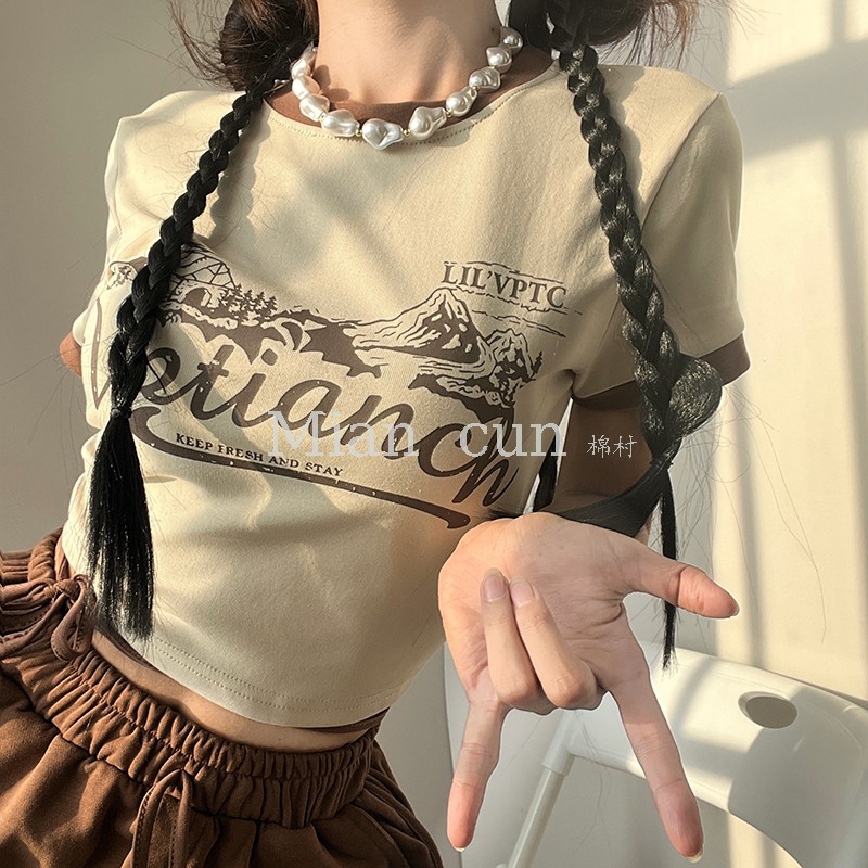 美式复古设计感绑带字母印花短袖上衣女欧美辣妹修身正肩T恤女