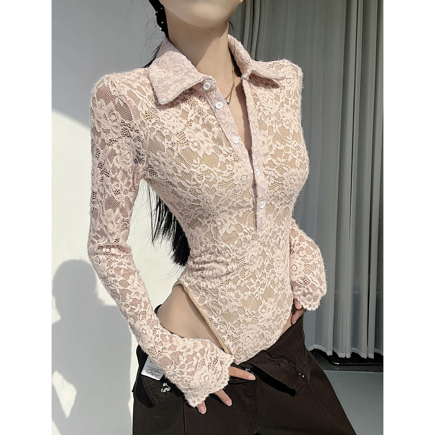 御姐风蕾丝深V领长袖修身显瘦性感打底衫内搭性感连体衣衬衫女,女装/女士精品,连体衣/裤,淘宝优惠券,粉丝福利购,淘宝优惠卷