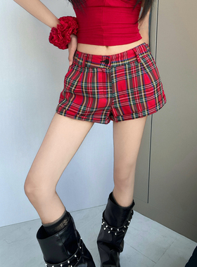 BM MICN美式复古红色格子低腰辣妹短裤休闲裤子直筒裤百搭热裤女