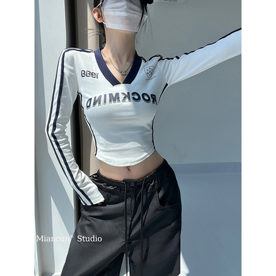 MianCun复古美式撞色字母长袖T恤女修身短款运动学院风辣妹上衣