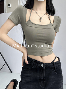 T恤女夏紧身性感欧美ins高腰短款 奶妹甜心分割信笺假两件短袖 上衣