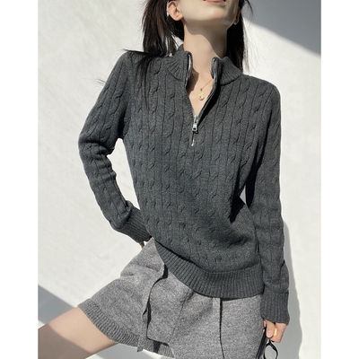 MianCun老钱风半高领拉链麻花纹毛衣女冬季慵懒高级感内搭针织衫