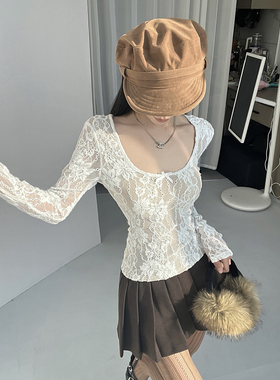 MianCun白色蕾丝v领修身显瘦T恤女春季长袖性感辣妹正肩紧身上衣