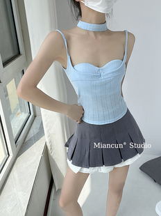 甜辣纯欲万能搭自带胸垫小吊带女夏季围脖装饰无袖背心蓝色上衣