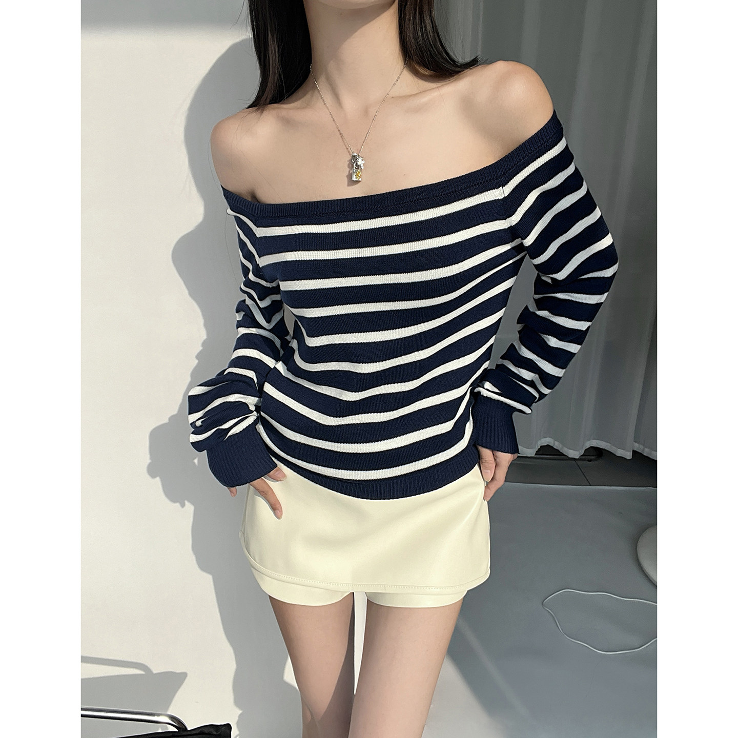 MianCun撞色条纹一字肩针织衫女春季新款韩系内搭显瘦露肩上衣,女装/女士精品,毛针织衫,淘宝优惠券,粉丝福利购,淘宝优惠卷