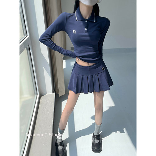 翻领长袖T恤女运动少女百褶短裙