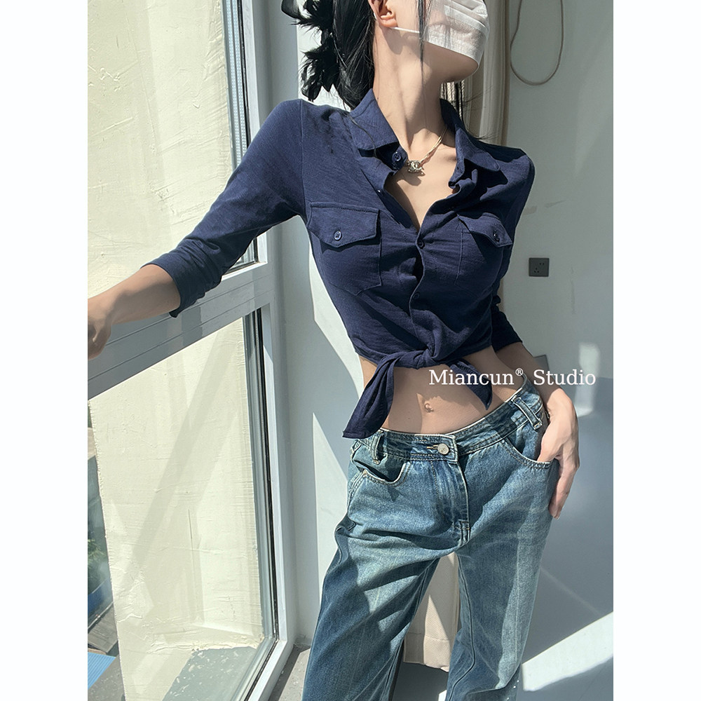 MianCun百搭修身polo领小衬衫性感辣妹打结修身单排扣长袖上衣
