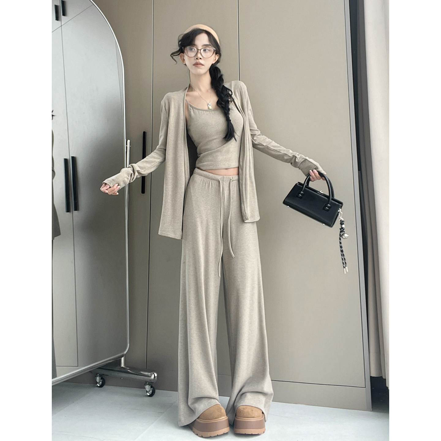 休闲套装慵懒灰色长袖开衫外套吊带背心女秋季高腰直筒长裤三件套