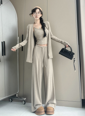 休闲套装慵懒灰色长袖开衫外套吊带背心女秋季高腰直筒长裤三件套