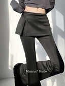 正确版 裙女弹力显瘦塑型外穿打底裤 ～假两件针织开衩修身 喇叭裤