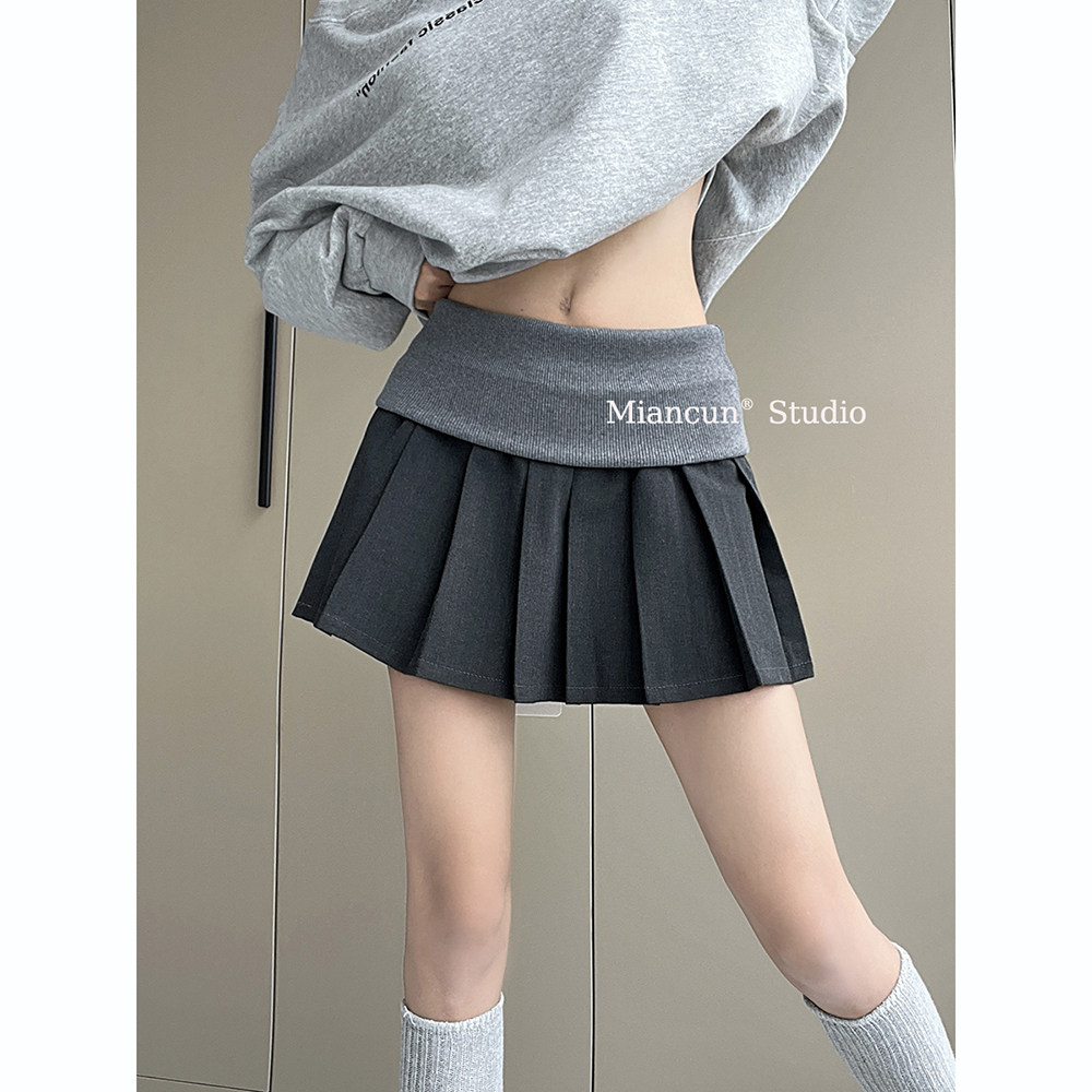 MianCun美高学姐防走光复古半身裙女秋冬新款翻腰针织拼接百褶裙