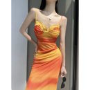 甜辣私藏渐变色网纱带胸垫吊带连衣裙女立体花朵褶皱显瘦包臀长裙