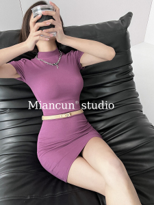 酷飒氛围感高领短袖紧身连衣裙女性感显瘦包臀短裙修身显白打底裙