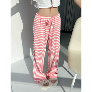 粉色条纹针织阔腿裤子女2026年新款春季bf松弛感显瘦宽松糯米长裤