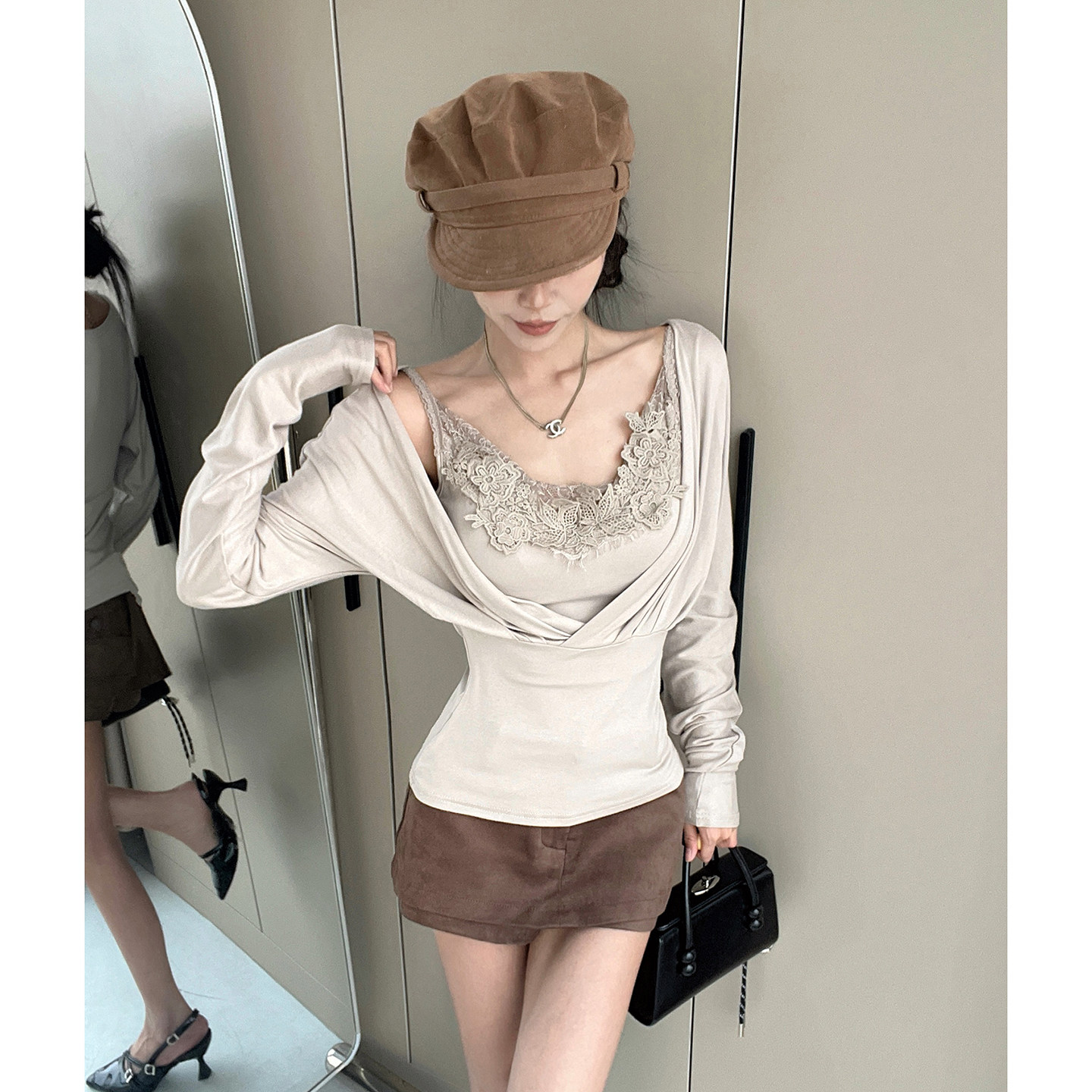 MianCun绝美腰身蕾丝花边针织背心长袖T恤两件套V领修身上衣套装,女装/女士精品,T恤,淘宝优惠券,粉丝福利购,淘宝优惠卷