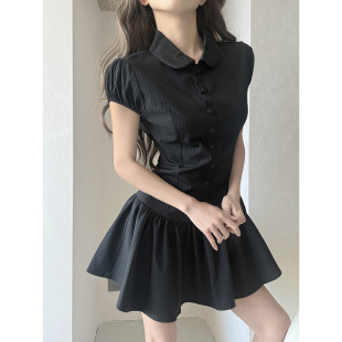 MianCun美式复古娃娃领黑色竖条纹连衣裙女夏季新款修身裙子