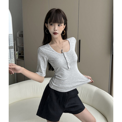 韩女秘籍简约亨利领中袖T恤女