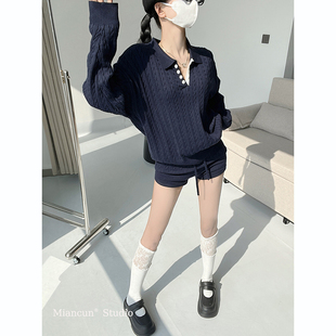 学姐社团经典Polo领绞花针织羊毛毛衣+高腰半裙短裤小香风套装