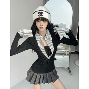 高智设计感假两件V领衬衫T恤女拼接收腰修身层次感叠穿内搭上衣