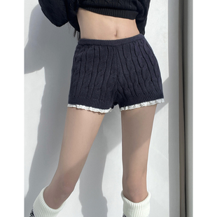 MianCun绞花设计藏蓝色针织麻花短裤 女冬蕾丝花边高腰显瘦毛线裤