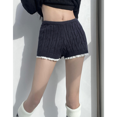 藏蓝色针织麻花短裤女