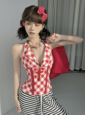 越南小众设计红色格纹拼接挂脖抹胸甜心上衣露背收腰翻领背心外穿
