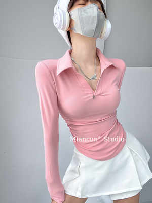 治愈系修身长袖翻领上衣